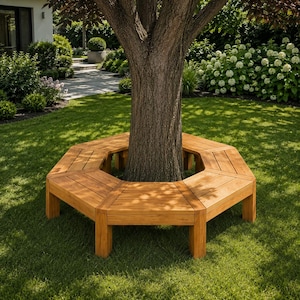 May include: A hexagonal wooden tree bench constructed from light brown planks, featuring a continuous seat that encircles the trunk of a mature tree. The bench is supported by sturdy vertical legs at each corner, creating a geometric seating area.