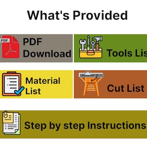 May include: Image with the text "What's Provided" and icons representing a PDF download, tools list, material list, cut list, and step-by-step instructions. The icons are on colored rectangular backgrounds.