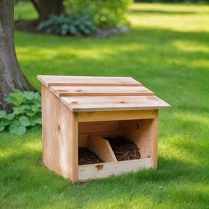 Pode incluir: Uma casa de pássaros de madeira com um telhado inclinado e dois compartimentos. A casa de pássaros é feita de madeira clara e fica sobre um leito de grama verde. Os compartimentos contêm material de nidificação.