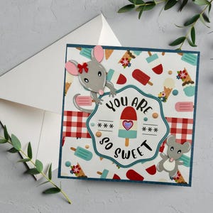 Tarjeta de felicitación, Dulces, Dulce capricho, Tarjeta de ratón, Linda tarjeta de cumpleaños con una temática dulce