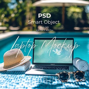 May include: A laptop mockup with a screen displaying a serene water scene, next to a straw hat, sunglasses, and a rolled white towel. The image is set against a backdrop of a swimming pool and lush greenery, with the text "PSD Smart Object" and "Laptop Mockup".
