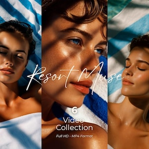 May include: A composite image featuring three women with sun-kissed skin, resting on striped blue and white towels. The text "Resort Muse" and "6 Video Collection" is overlaid on the image. The video format is MP4.