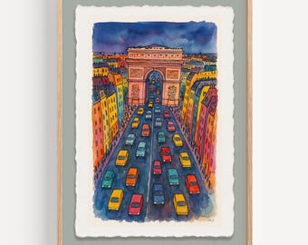Aquarel kunstdruk Parijs Arc de Triomphe: met de hand gescheurde deckled edge