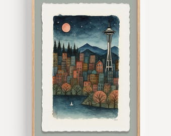 Seattle Skyline Watercolor Art Print: Framed Space Needle Night Scene