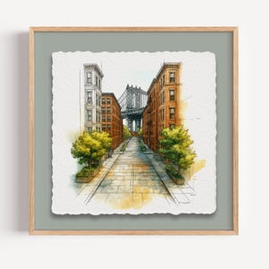 Stampa con vista sul ponte di Dumbo, Brooklyn, incorniciata, acquerello, decorazione urbana, regalo per gli amanti di New York, cornice in rovere.