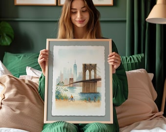 Arte de acuarela enmarcado del puente de Brooklyn: impresión del horizonte de la ciudad de Nueva York