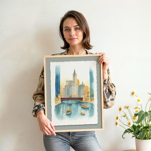 Chicago DuSable Bridge Wall Art Print Watercolor Painting Skyline Home Decor Gift for City Lovers