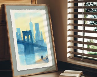 Impresión en acuarela del puente de Brooklyn enmarcada: arte mural del horizonte de Nueva York