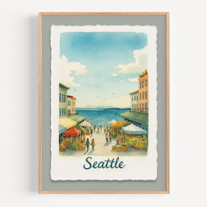 Seattle Pike Place Market Wall Art Print Watercolor Cityscape Artwork Home Decor Gift for Seattle Lovers and Travelers