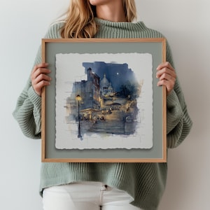 Gerahmte Paris Montmartre Wandkunst - Nacht Aquarell Druck von Sacré-Cueur auf Museums Büttenpapier für romantische Dekoration