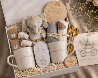 Caja de regalo neutra para bebés, ideal para padres primerizos, set de regalo para baby shower, caja de bienvenida unisex para recién nacidos, juego de tazas para mamá y papá, peluche de elefante, regalo de lujo.