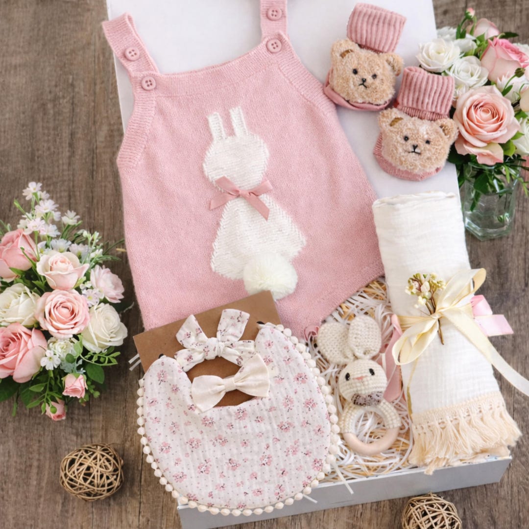 Baby Shower Girl Gift Box Set Romper, Bib & Swaddle Blanket, Neutral ...