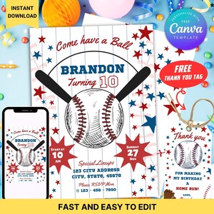 Editable Baseball Birthday Invitation with Thank You Tag, Sports Party Invite, Home Run Theme for Kids Invite Template Instant Download