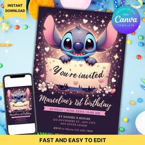 Modèle d'invitation d'anniversaire Stitch modifiable, invitation de fête d'anniversaire de fille de dessin animé, invitation d'anniversaire d'enfant, invitation mobile d'anniversaire Stitch