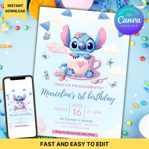 Modèle d'invitation d'anniversaire Stitch modifiable, invitation de fête d'anniversaire de fille de dessin animé, invitation d'anniversaire d'enfant, invitation mobile d'anniversaire Stitch