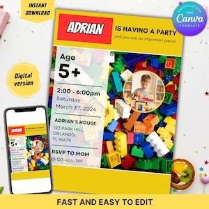 Op de afbeelding: Een digitale uitnodiging voor Adrian's verjaardagsfeestje, met een Lego-thema. De uitnodiging bevat de tekst "ADRIAN IS HAVING A PARTY" en details zoals de datum, tijd en locatie. Een smartphone toont de uitnodiging. Eenvoudig te bewerken.