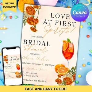 Invitation à une fête prénuptiale « Love at First Spritz », modèle Canva modifiable, invitation sur le thème d'Aperol Spritz, motif floral orange à télécharger instantanément