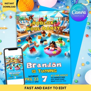 Puede incluir: Una vibrante invitación para una fiesta en la piscina de Roblox, con personajes de dibujos animados en un entorno de piscina. El diseño incluye el texto "Roblox Pool Party" y los detalles del cumpleaños de Brandon, con un teléfono que muestra el mismo diseño.