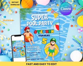Editable Super Mario and luigi Birthday Pool Party Invitation Canva template | Super Mario Digital Birthday Card & Printable Invite