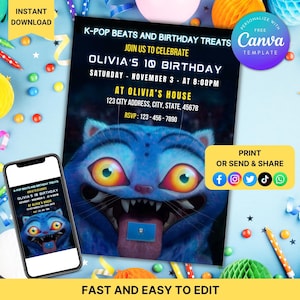 Może przedstawiać: Zaproszenie urodzinowe z ilustracją niebieskiego kota, tekstem "K-POP BEATS AND BIRTHDAY TREATS" i "OLIVIA'S 10 BIRTHDAY". Zaproszenie otoczone jest dekoracjami imprezowymi, w tym balonami i konfetti. Smartfon wyświetla zaproszenie.