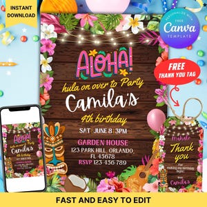 Puede incluir: Una invitación digital con temática tropical, con la palabra "Aloha" y detalles para una fiesta de 4 años. Incluye una etiqueta de agradecimiento a juego y un teléfono que muestra la invitación. El diseño es fácil de editar.