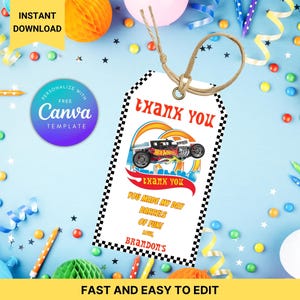Editable Hot wheels Birthday Party thank you tag, Cars Birthday Gift tag Instant download, Printable hot wheels Birthday tag