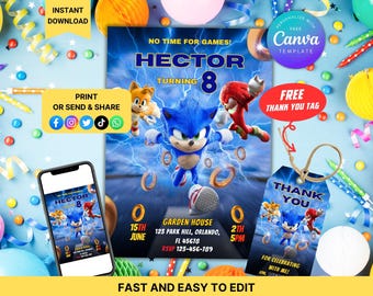 Editable Sonic Birthday Party Invitation Canva template + Thank You Tag | Digital Sonic the hedgehog Party Invite | Kids Birthday Invitation