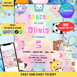 May include: A birthday party invitation with the text "Squish on over Olivia is turning 5". The invitation features cartoon characters and a thank you tag. The design includes a smartphone displaying the invitation.