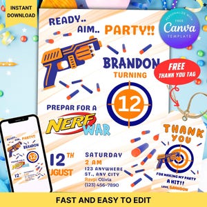 Invitation d'anniversaire Nerf War modifiable pour garçons avec étiquette de remerciement, invitation instantanée à une fête Nerf, modèle Canva pour pistolet Nerf bleu et orange