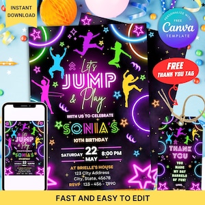 Invitation d'anniversaire Jump pour enfants avec étiquette de remerciement, invitation de fête sur trampoline néon, invitation mobile d'anniversaire Jump Park modifiable