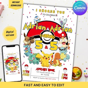 Puede incluir: Una invitación digital con el texto "I Choose You To Celebrate" y los nombres "Adrian & Adrian" y el número "5 & 5". La invitación incluye personajes de dibujos animados y el texto "Fast and Easy to Edit". Un smartphone muestra la invitación.