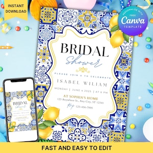 Puede incluir: Una invitación a una despedida de soltera con un diseño de azulejos azules y blancos, limones y el texto "BRIDAL Shower". Un teléfono inteligente muestra una invitación a juego. La invitación incluye detalles como la fecha, la hora y el lugar. También se ven las palabras "INSTANT DOWNLOAD" y "FAST AND EASY TO EDIT".