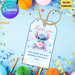 Editable Stitch Thank You Tag template | Stitch Gift Tag | Stitch Girls Birthday Favor tag | Printable Gift tag | Cute Stitch Party Gift Tag