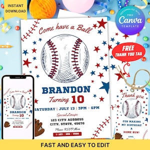 Editable Baseball Birthday Invitation with Thank You Tag, Sports Party Invite, Home Run Theme for Kids Invite Template Instant Download