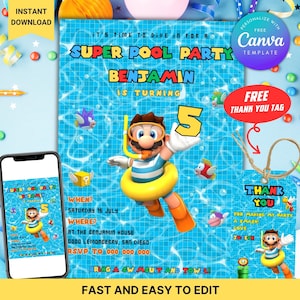 Bewerkbare Super Mario verjaardagsuitnodiging voor een zwembadfeestje + gratis Mario bedankkaartje | Super Mario digitale verjaardagskaart en printbare uitnodiging