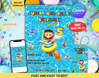 Editable Super Mario Birthday Pool Party Invitation + Free Mario Thank You Tag | Super Mario Digital Birthday Card & Printable Invite