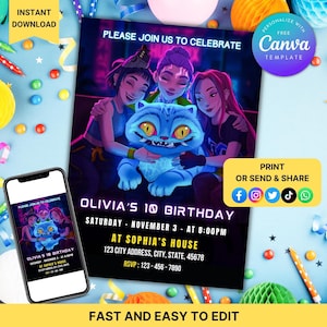 May include: A birthday party invitation featuring a cartoon illustration of three girls and a blue cat. The invitation includes the text "Olivia's 10th Birthday" and event details. A smartphone displays the invitation. The words "Instant Download" and "Fast and Easy to Edit" are also visible.