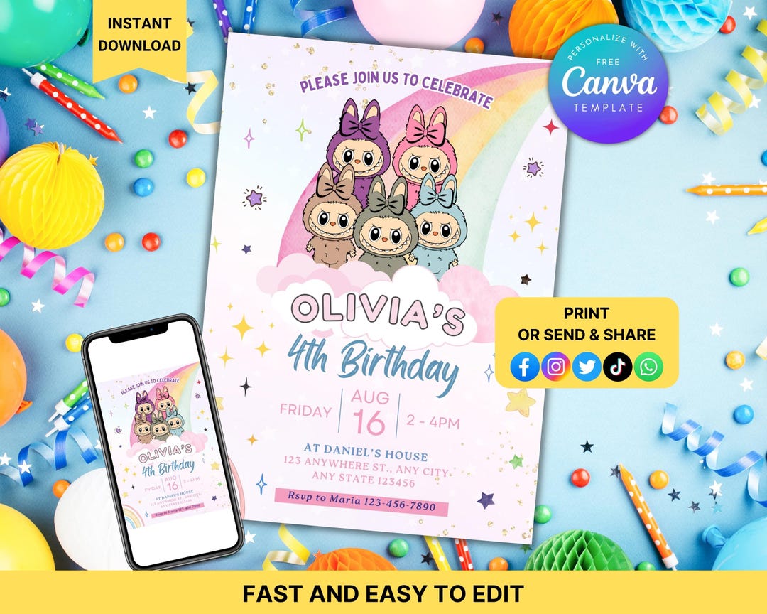 Labubu Invites Editable Labubu Birthday Invitation Canva Template, Labubu Birthday ...