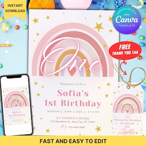 Bewerkbare regenboog verjaardagsuitnodiging voor meisjes + gratis bedankkaartje, Boho pastel verjaardagsuitnodiging | Canva-sjabloon direct downloaden