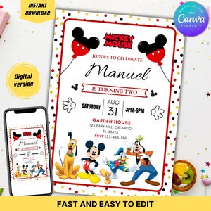 May include: A white invitation with a red border, featuring Mickey Mouse balloons and characters. The invitation reads "Join us to celebrate Manuel is turning two" with event details. A phone displays a digital version.