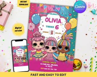 Editierbare Canva-Vorlage für kleine Puppengeburtstagseinladungen | Einladung zur Pink Glam Doll Party | Geburtstagseinladung für Mädchen | Einladung zum Ausdrucken und Teilen