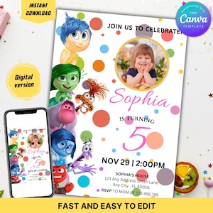 May include: A digital birthday invitation featuring the characters from the movie Inside Out. The invitation includes a photo of a child, the name "Sophia", and the age "5". The invitation is decorated with colorful polka dots and the text "Join us to celebrate".