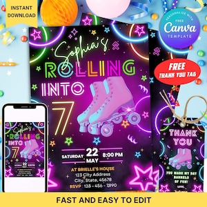 Puede incluir: Una invitación de cumpleaños con temática de patines. La invitación presenta colores neón, gráficos de patines y el texto "Sophia's Rolling Into 7". Incluye una pantalla de teléfono a juego, una etiqueta de agradecimiento y las palabras "Descarga instantánea" y "Fácil de editar".