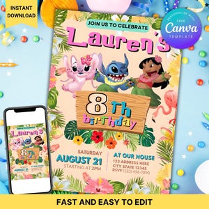Invitation d'anniversaire Lilo et Stitch modifiable | Invitation à une fête hawaïenne Luau | Carte d'anniversaire pour filles tropicales | Invitation numérique à une fête à la piscine