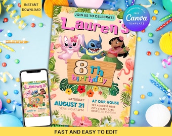 Editable Lilo and Stitch Birthday Invitation | Hawaiian Luau Party Invite | Tropical Girls Birthday Card | Pool Party Digital Invite