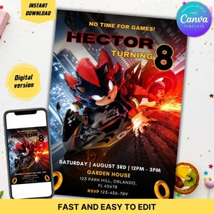 Puede incluir: Una invitación de fiesta de cumpleaños con un personaje de Sonic the Hedgehog en una motocicleta. La invitación dice "HECTOR TURNING 8" con detalles del evento. Incluye el texto "DESCARGA INSTANTÁNEA", "Versión digital" y "RÁPIDO Y FÁCIL DE EDITAR".