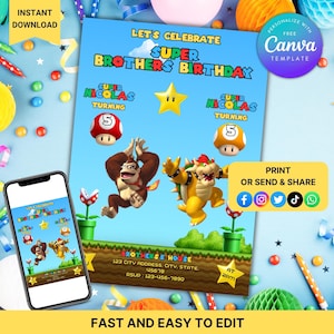 Puede incluir: Una invitación de cumpleaños azul con el texto "Let's Celebrate Super Brothers Birthday". La invitación presenta personajes de dibujos animados, una estrella y el texto "Super Nicolas Turning 5". Un smartphone muestra la invitación.