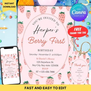 Invitation d'anniversaire pour fille modifiable avec thème fraise et étiquette de remerciement | Modèle Canva | Téléchargement instantané de la fête du premier anniversaire