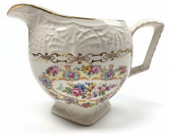 Jarra parisina vintage de porcelana de hueso con diseño floral de Royal China Company, en oro de 22 quilates