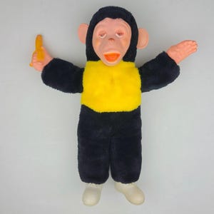 Vintage Mr Bim Zip Zippy Stuffed Rubber Plastic Face Monkey W/ Banana 14" Korea